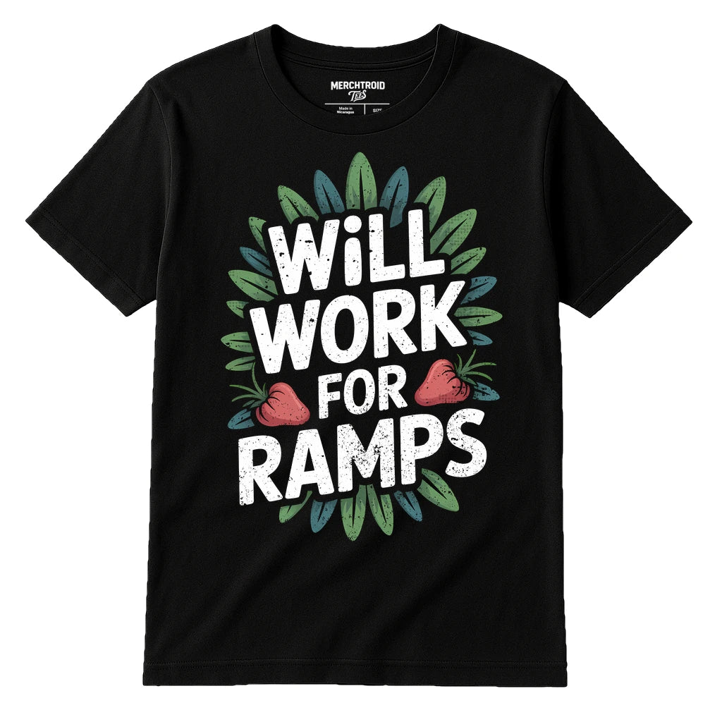 Black Foraging Shirts - "Will Work for Ramps" graphic tee with white print, flat lay product photo
