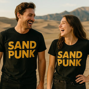Person wearing the black sandboarding t shirt graphic tee - "Sand Punk" design