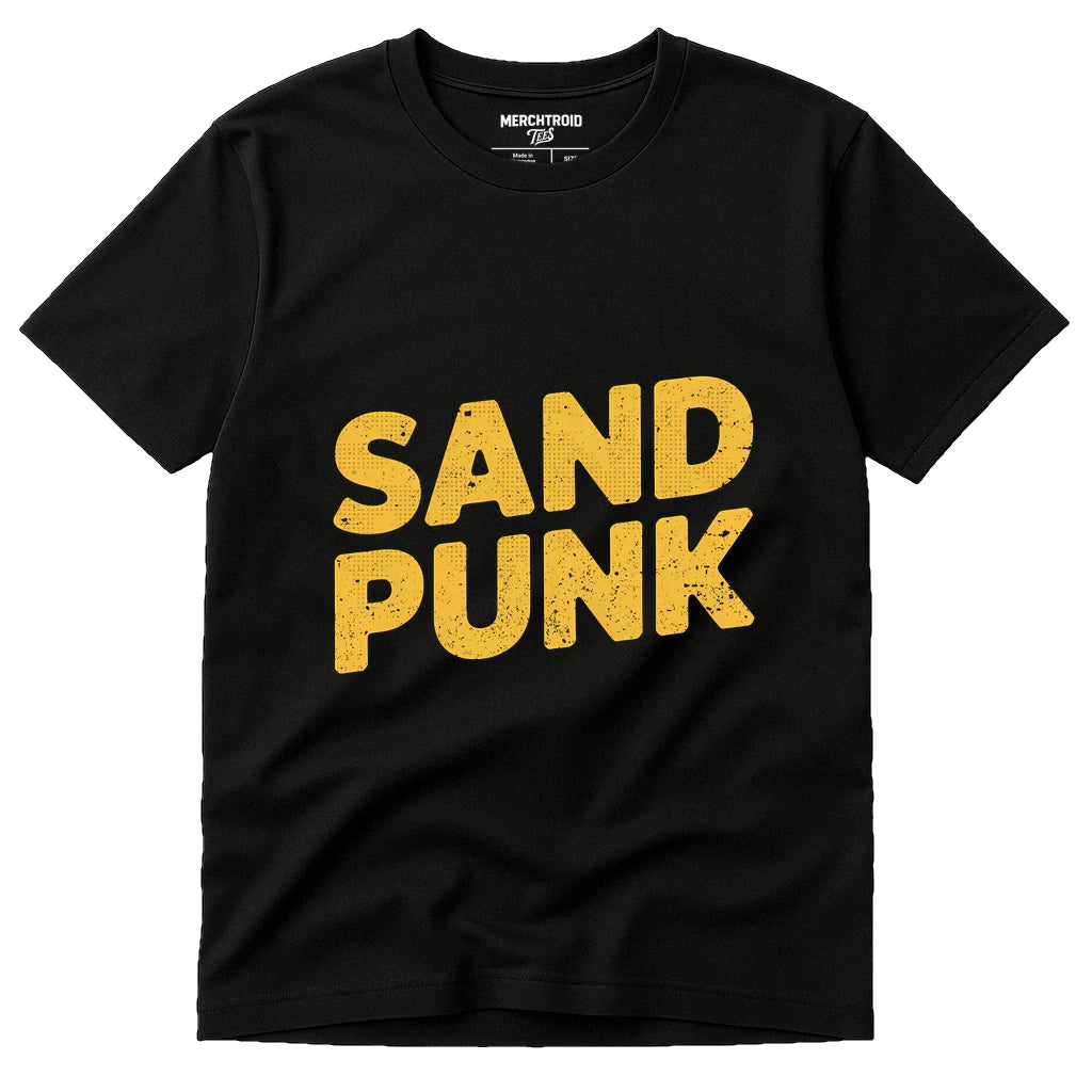 Black Sandboarding T Shirt - "Sand Punk" graphic tee with yellow print, flat lay product photo