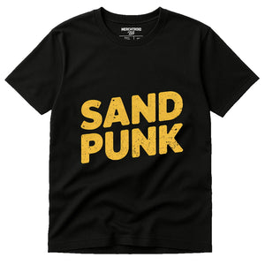 Black Sandboarding T Shirt - "Sand Punk" graphic tee with yellow print, flat lay product photo