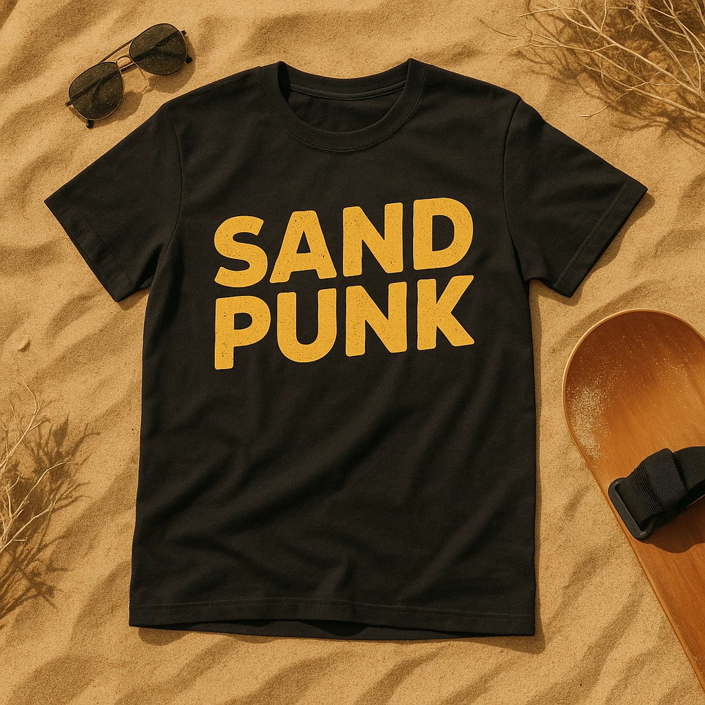 A black T-shirt with the words "SAND PUNK" printed in bold yellow letters is laid out on sand. Next to the shirt are a pair of sunglasses and a wooden board with a strap, possibly for sandboarding. There are some dry grasses scattered around.