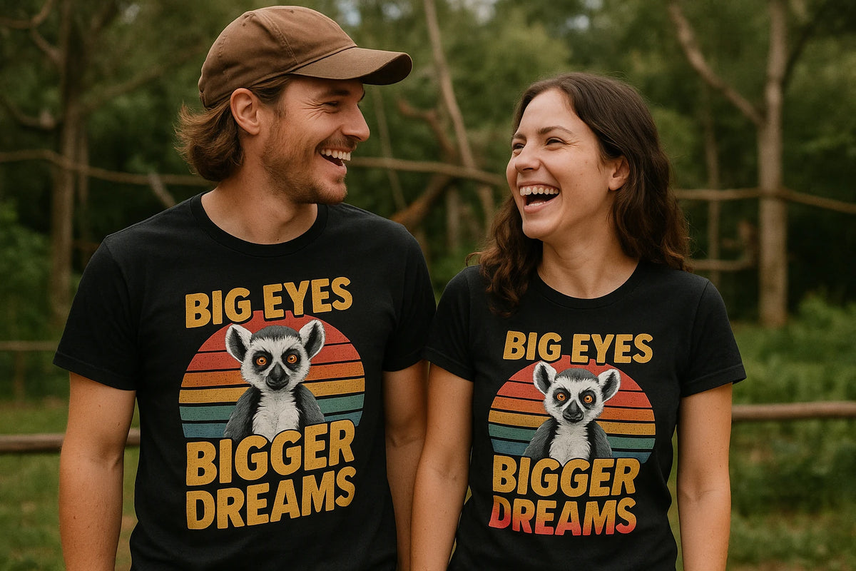 Person wearing the black lemur t shirt graphic tee - "Big Eyes Bigger Dreams" design