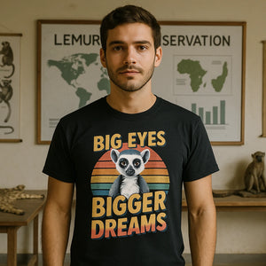 Lifestyle shot of the "Big Eyes Bigger Dreams" black lemur t shirt in a real-world setting