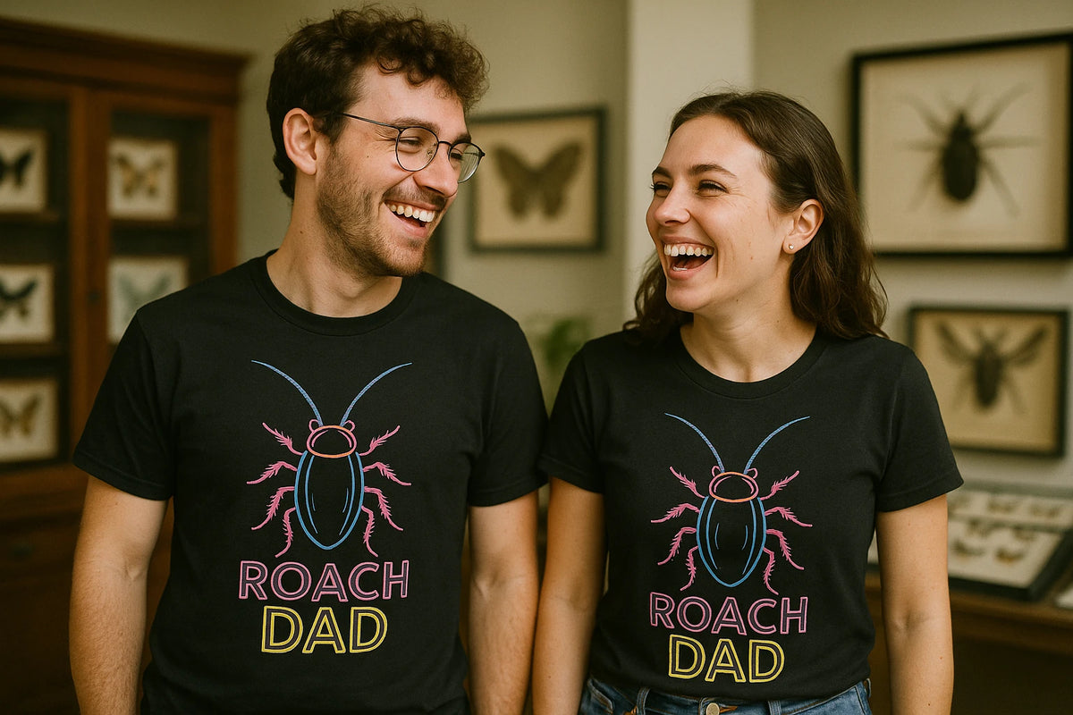 Person wearing the black cockroaches t shirt graphic tee - "Roach Dad" design