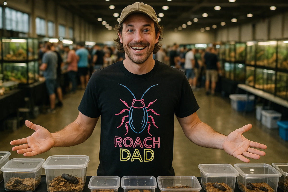 Lifestyle shot of the "Roach Dad" black cockroaches t shirt in a real-world setting