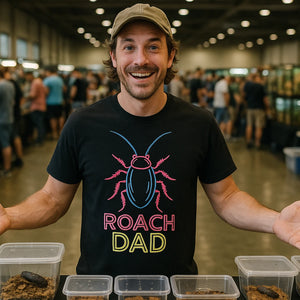 Lifestyle shot of the "Roach Dad" black cockroaches t shirt in a real-world setting