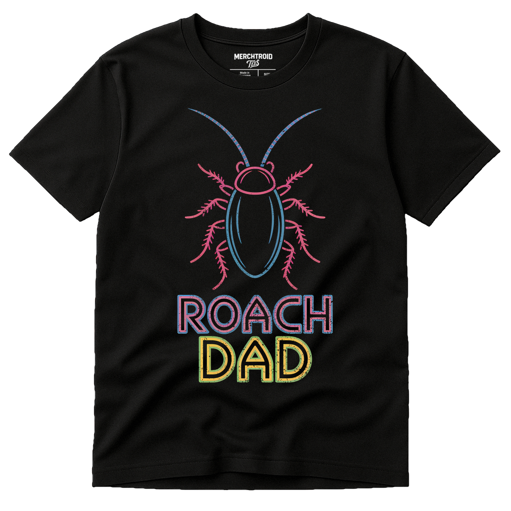 Black Cockroaches T Shirt - "Roach Dad" graphic tee with tan print, flat lay product photo