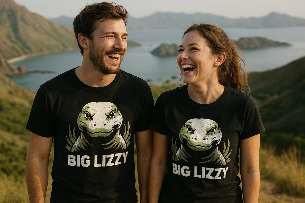 Person wearing the black komodo dragon shirts graphic tee - "Big Lizzy" design