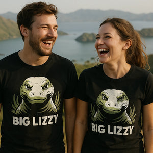 Person wearing the black komodo dragon shirts graphic tee - "Big Lizzy" design