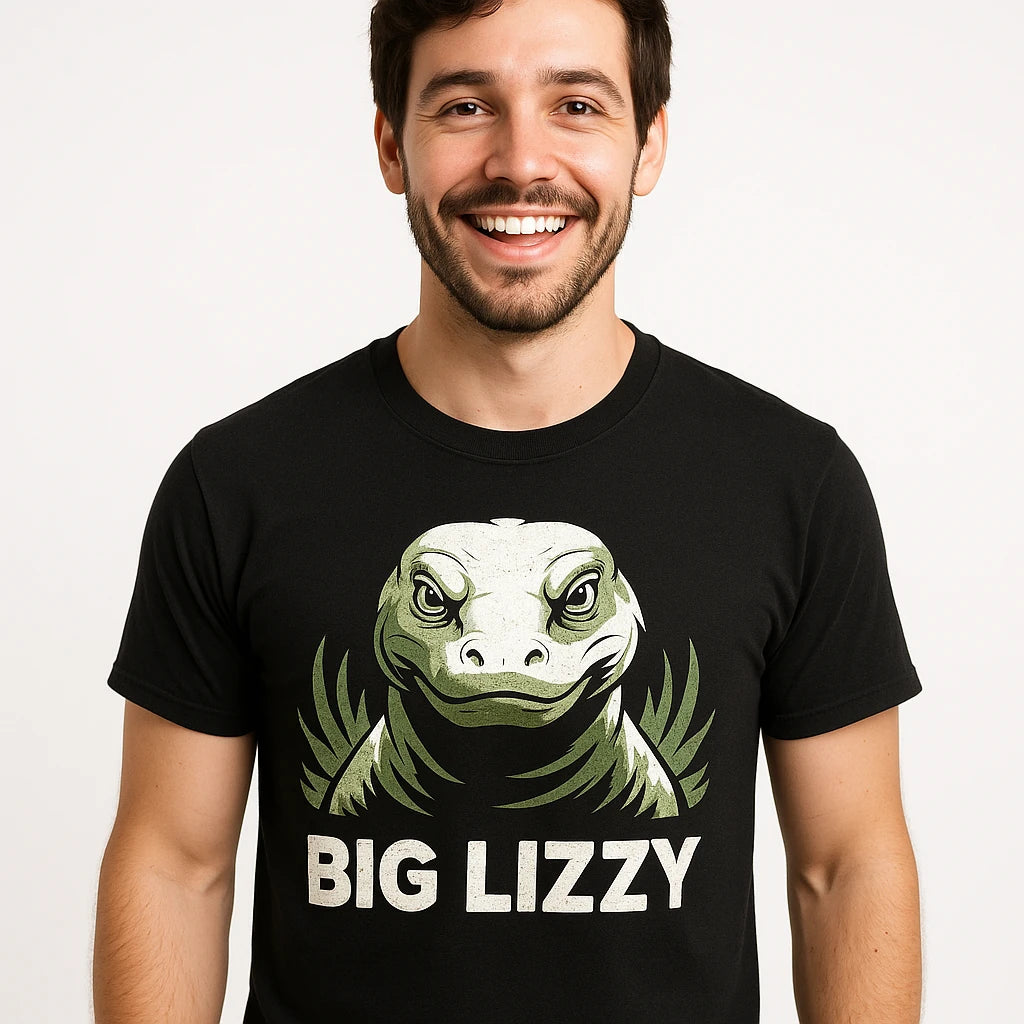 Close-up of the "Big Lizzy" white print on a premium Bella+Canvas black komodo dragon shirts
