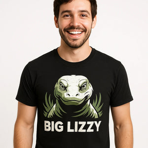 Close-up of the "Big Lizzy" white print on a premium Bella+Canvas black komodo dragon shirts