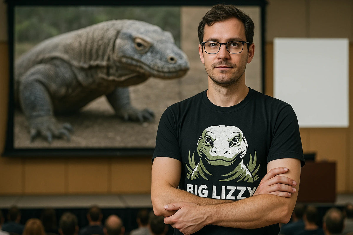 Lifestyle shot of the "Big Lizzy" black komodo dragon shirts in a real-world setting