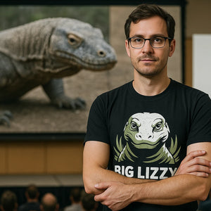 Lifestyle shot of the "Big Lizzy" black komodo dragon shirts in a real-world setting