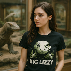 "Big Lizzy" black komodo dragon shirts, photographed as komodo dragon lover gift