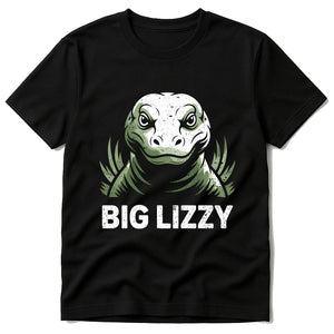 Black Komodo Dragon Shirts - "Big Lizzy" graphic tee with white print, flat lay product photo