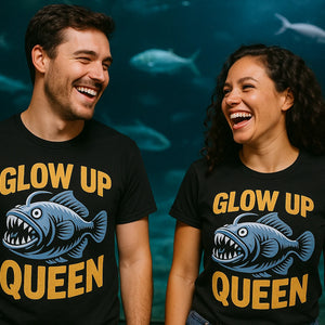 Person wearing the black anglerfish shirts graphic tee - "Glow Up Queen" design