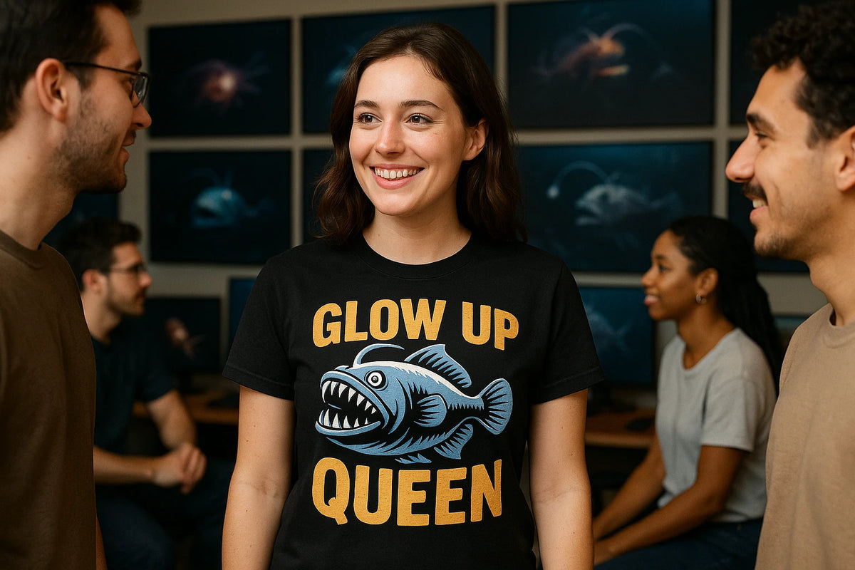 Lifestyle shot of the "Glow Up Queen" black anglerfish shirts in a real-world setting