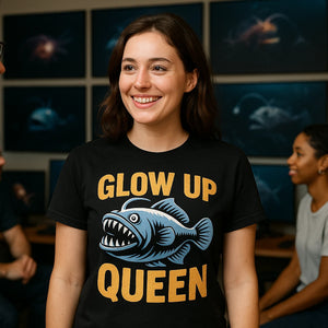 Lifestyle shot of the "Glow Up Queen" black anglerfish shirts in a real-world setting