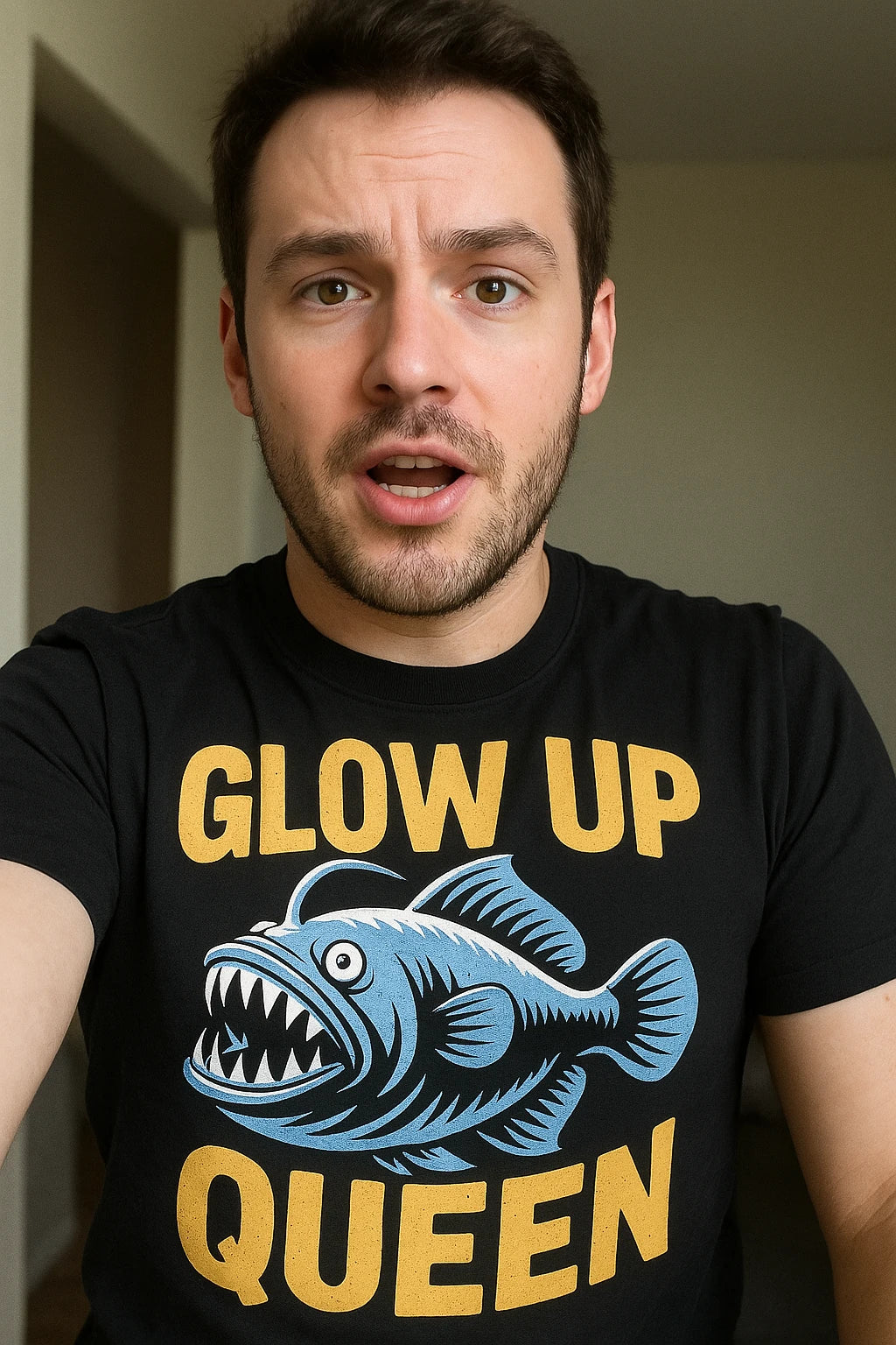 "Glow Up Queen" black anglerfish shirts, photographed as anglerfish lover gift