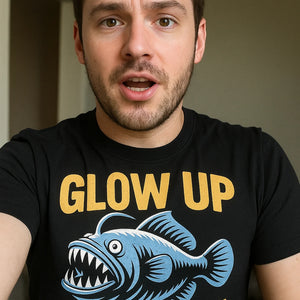 "Glow Up Queen" black anglerfish shirts, photographed as anglerfish lover gift