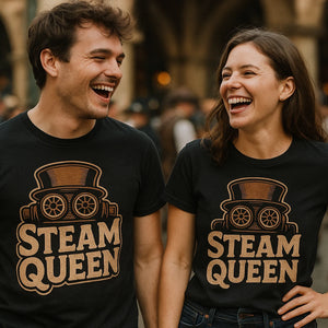 Person wearing the black steampunk shirts graphic tee - "Steam Queen" design