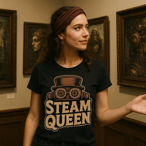 Lifestyle shot of the "Steam Queen" black steampunk shirts in a real-world setting