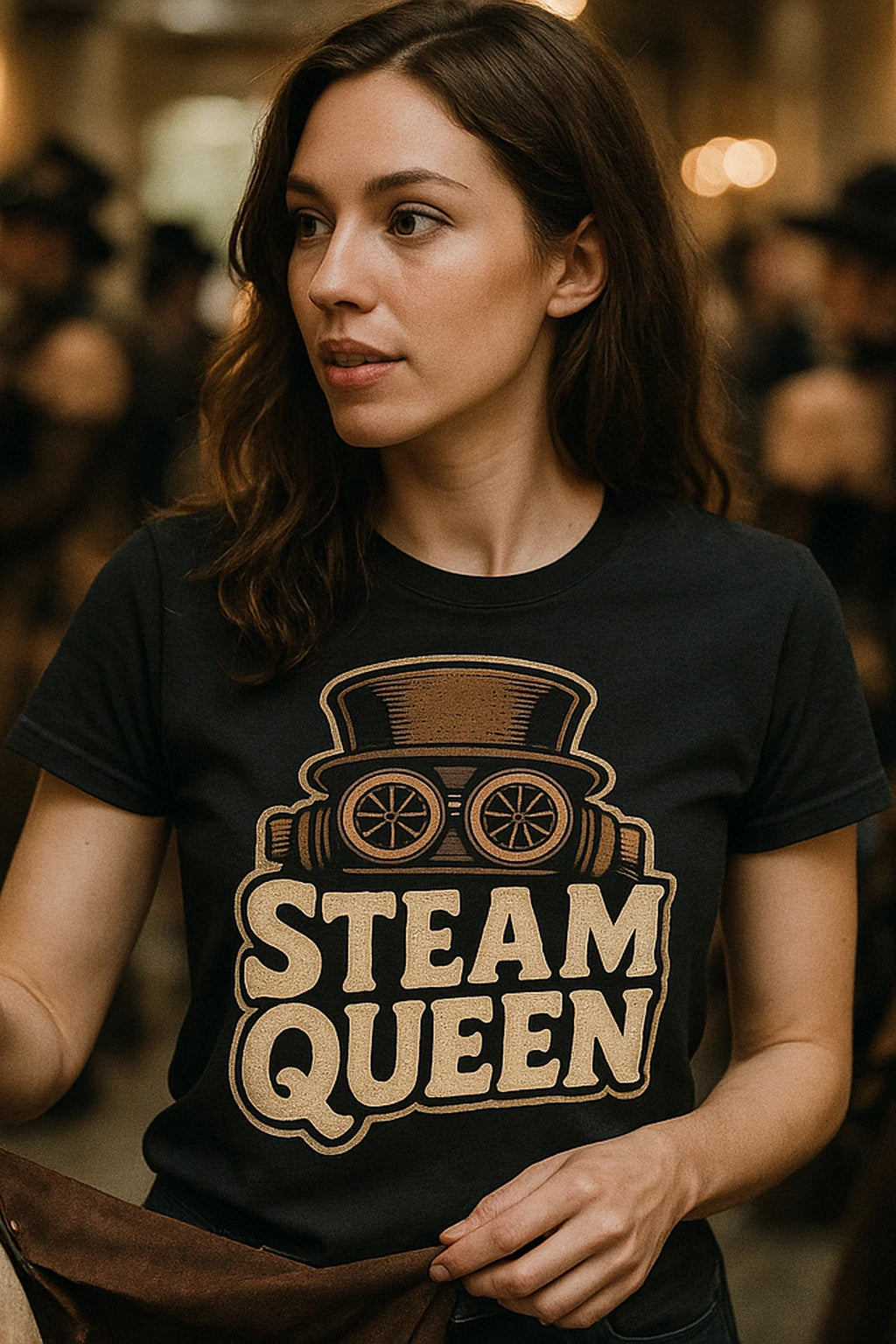"Steam Queen" black steampunk shirts, photographed as steampunk lover gift