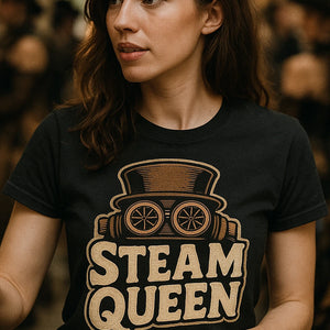 "Steam Queen" black steampunk shirts, photographed as steampunk lover gift