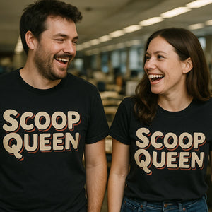 Person wearing the black journalist t shirt graphic tee - "Scoop Queen" design