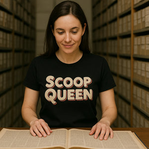 Lifestyle shot of the "Scoop Queen" black journalist t shirt in a real-world setting