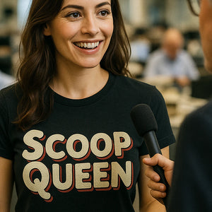 "Scoop Queen" black journalist t shirt, photographed as journalist lover gift