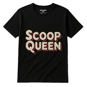 Black Journalist T Shirt - "Scoop Queen" graphic tee with beige print, flat lay product photo