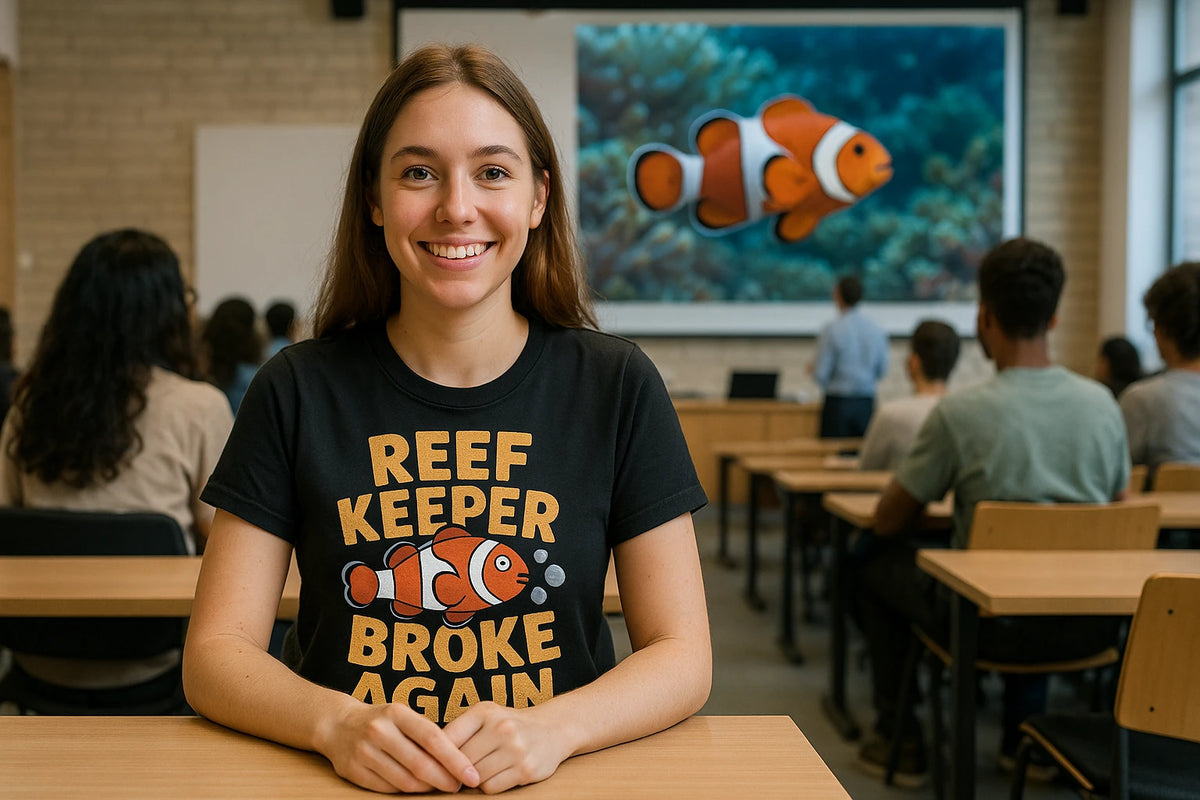 Lifestyle shot of the "Reef Keeper Broke Again" black clownfish shirts in a real-world setting