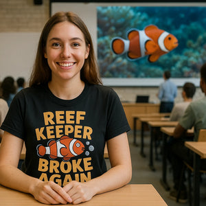 Lifestyle shot of the "Reef Keeper Broke Again" black clownfish shirts in a real-world setting