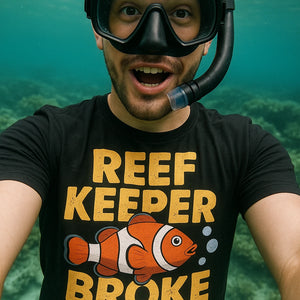 "Reef Keeper Broke Again" black clownfish shirts, photographed as clownfish lover gift