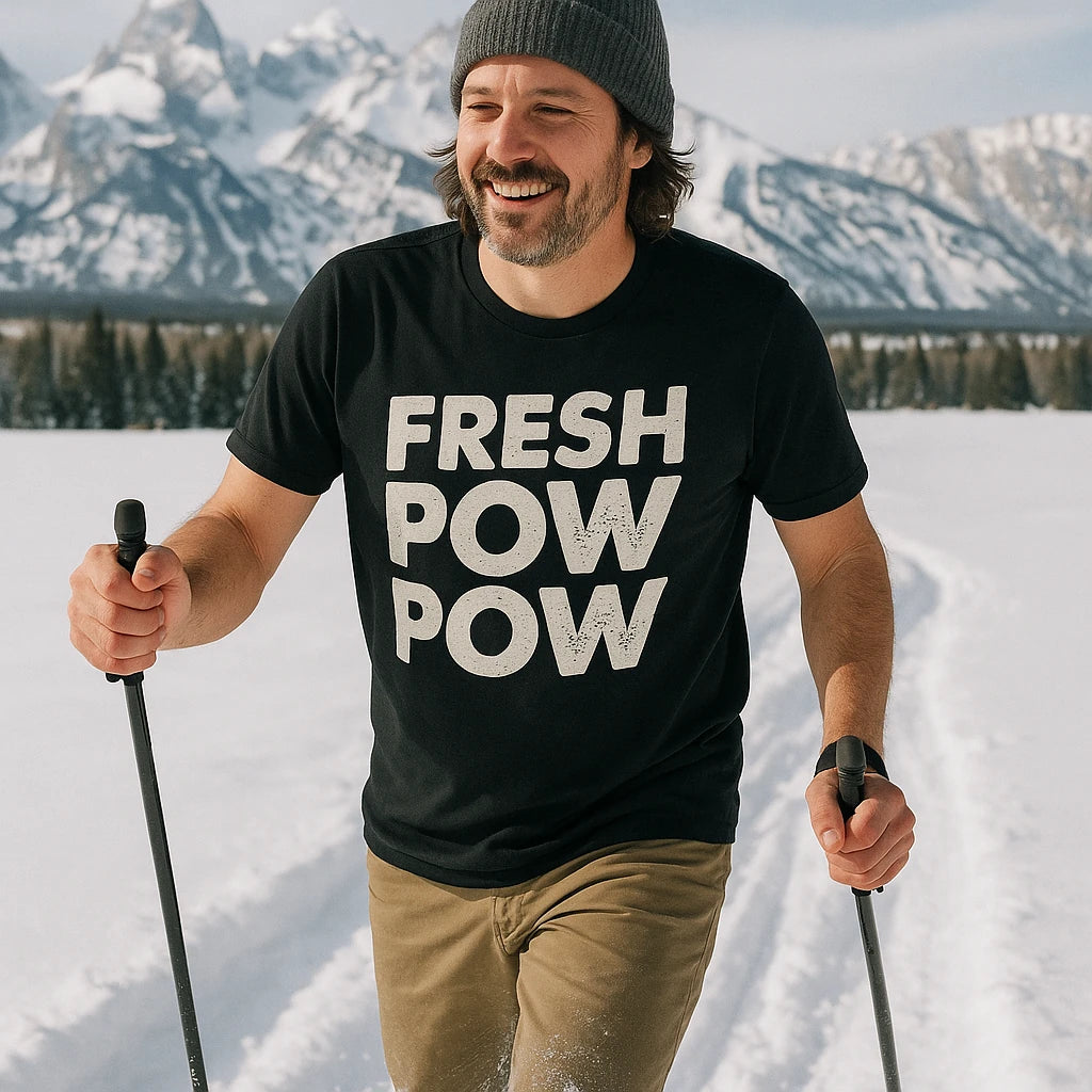 "Fresh Pow Pow" black skiing shirts - also one of the best gifts for ski lovers