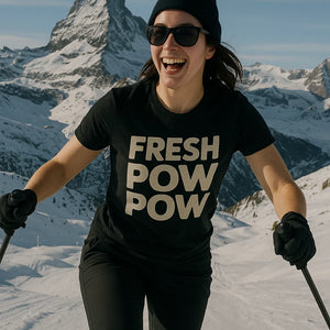 "Fresh Pow Pow" black skiing shirts - also one of the presents for ski lovers
