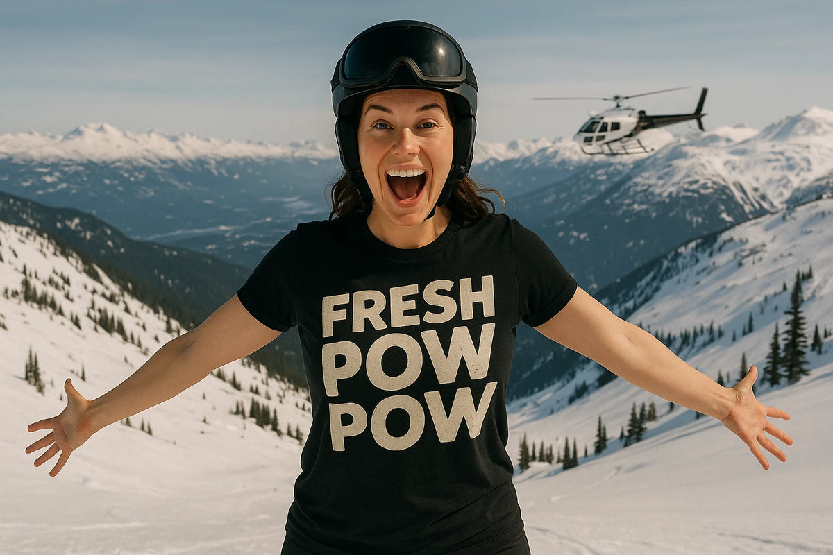 Lifestyle shot of the "Fresh Pow Pow" black skiing shirts in a real-world setting