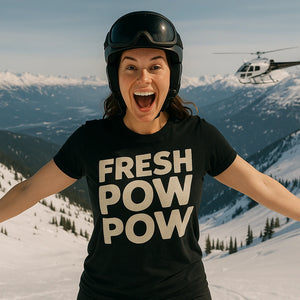 Lifestyle shot of the "Fresh Pow Pow" black skiing shirts in a real-world setting