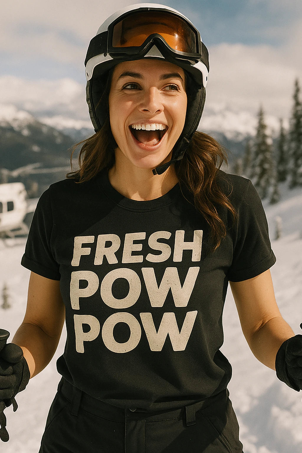 "Fresh Pow Pow" black skiing shirts - also a thermal shirt for skiing