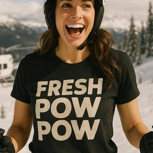 "Fresh Pow Pow" black skiing shirts - also a thermal shirt for skiing