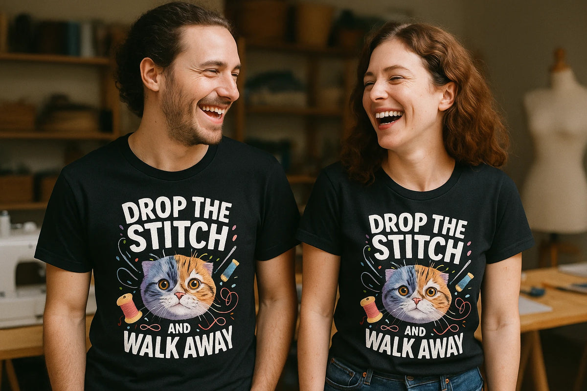Person wearing the black t shirt sewing pattern graphic tee - "Drop the Stitch and Walk Away" design