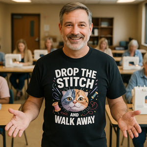 Lifestyle shot of the "Drop the Stitch and Walk Away" black t shirt sewing pattern in a real-world setting