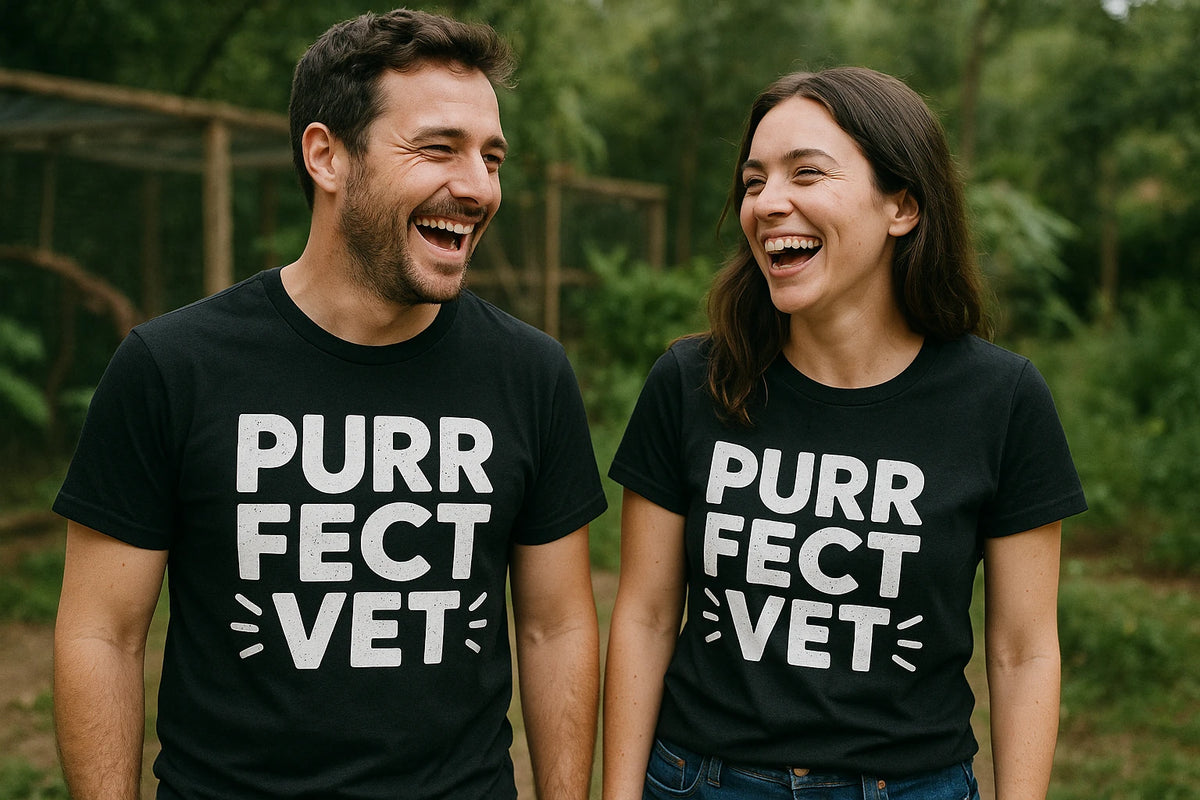Person wearing the black veterinarian t shirt graphic tee - "Purr Fect Vet" design