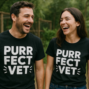 Person wearing the black veterinarian t shirt graphic tee - "Purr Fect Vet" design