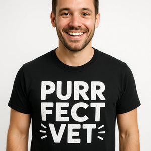 Close-up of the "Purr Fect Vet" white print on a premium Bella+Canvas black veterinarian t shirt