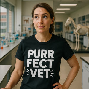 Lifestyle shot of the "Purr Fect Vet" black veterinarian t shirt in a real-world setting