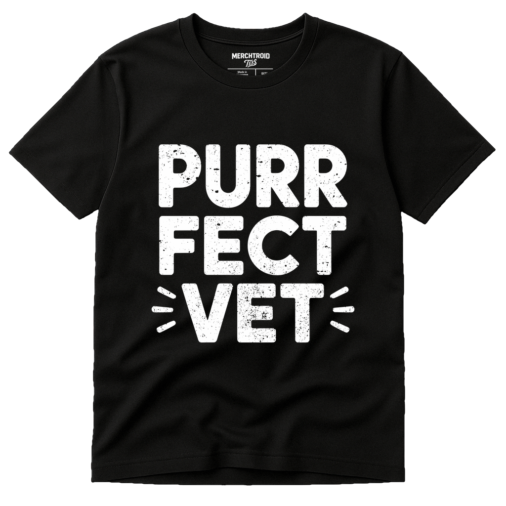 Black Veterinarian T Shirt - "Purr Fect Vet" graphic tee with white print, flat lay product photo
