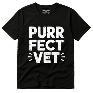 Black Veterinarian T Shirt - "Purr Fect Vet" graphic tee with white print, flat lay product photo