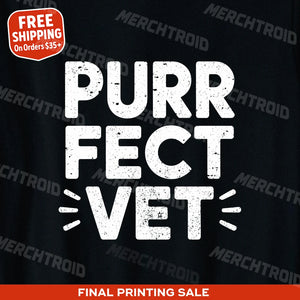 "Purr Fect Vet" black veterinarian t shirt, photographed as presents for veterinarians